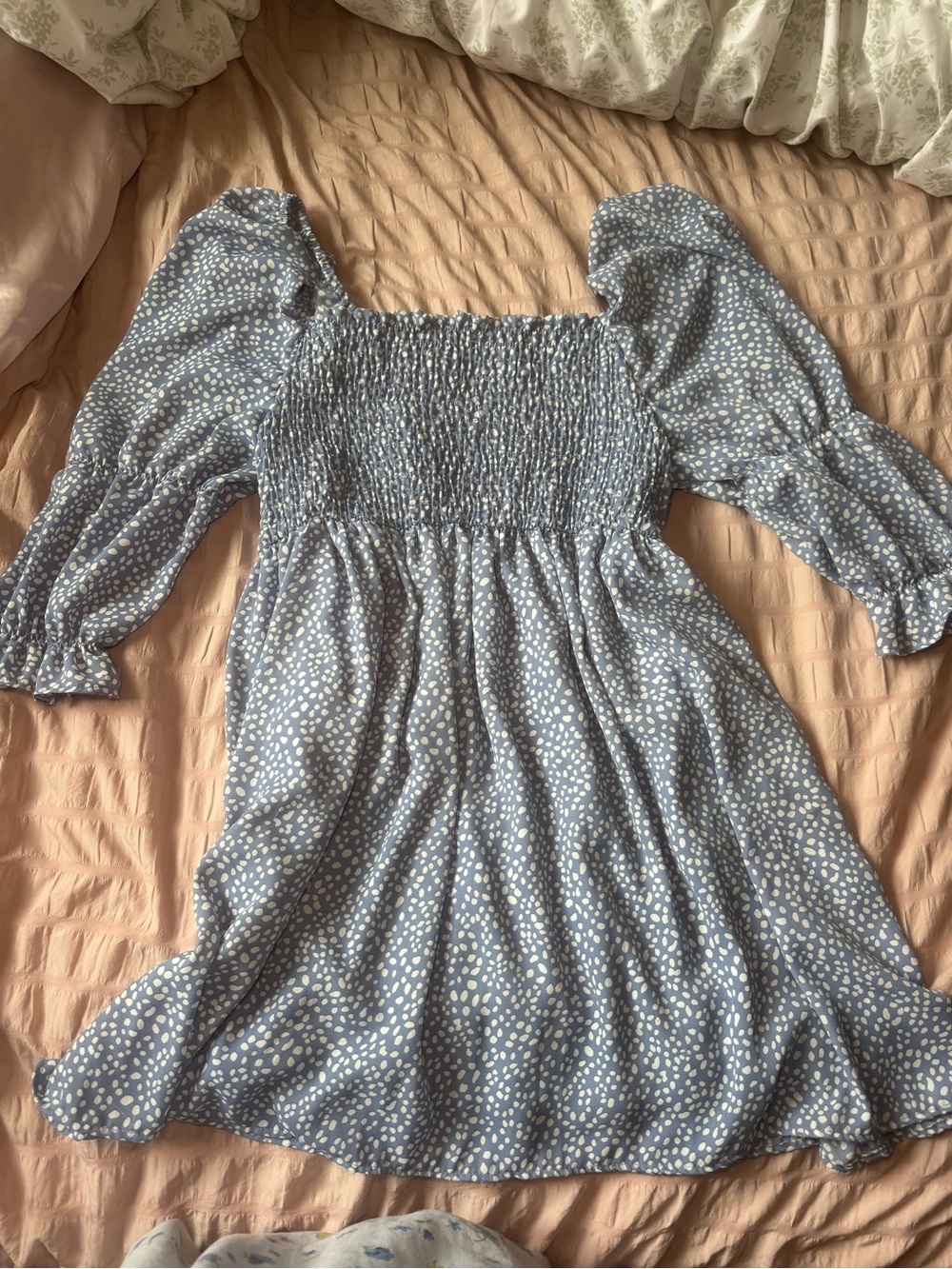 Blue Puff Sleeve Smocked Dress with White Polka Dots
